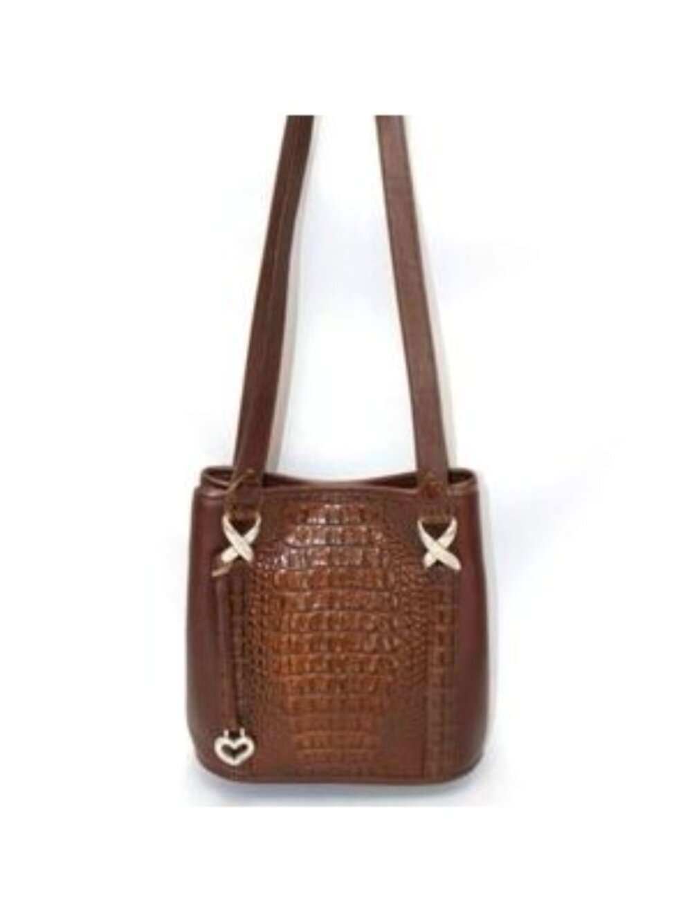Vintage Brighton Brown Leather Croc Embossed Tote Handbag Heart Charm Classic